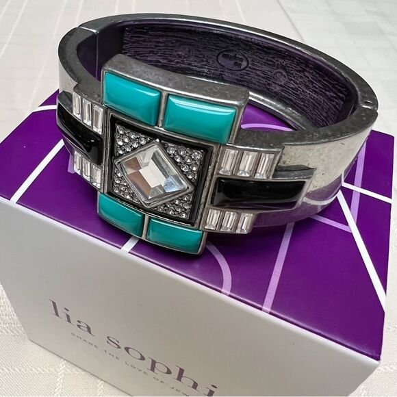 Lia Sophia Art Deco Nouvelle Bangle Hinged Bracelet matte silver NEW - Picture 5 of 10